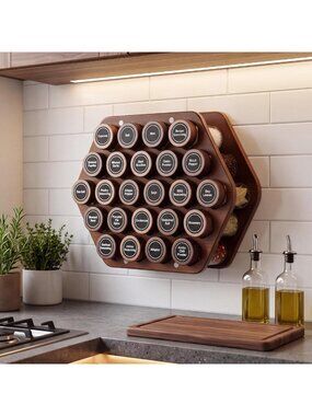 2-in-1 Wall Mount & Countertop Spice Rack with 24 Glass Jars - Kitchen Organizer